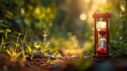As sunlight pierces the forest, a red hourglass stands on the earthy ground, highlighting the contrast between time and nature - obrazy, fototapety, plakaty