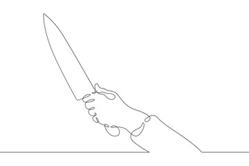 Hand with a knife. The cook is holding a knife in the kitchen. Cooking, cutting food with a metal knife.One continuous line drawing. Line Art isolated white background.