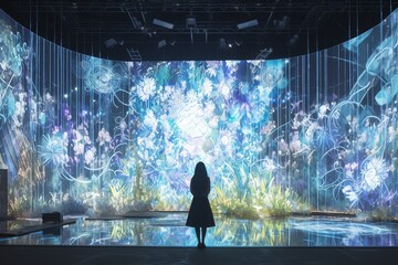 A person in silhouette looking up at an immersive light installation, surrounded by colorful lights and patterns that create the illusion of being inside another world or environment. 