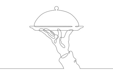 The dish has a lid. Covered food tray.One continuous line drawing.The waiter carries food on a tray. Food in a restaurant. A hand holds a tray. Line Art isolated white background.
