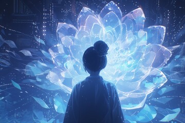 A person in silhouette stands inside an immersive art installation, surrounded by colorful light projections and digital patterns that create the illusion of being lost within another world. 