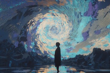 A person in silhouette stands within an immersive art installation, surrounded by vibrant light and color patterns that create the illusion of movement and depth