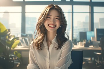 A photo of a beautiful and smiling Korean office worker woman wearing a white shirt, blue skirt with a black waistband posing in front of a wall in an open space office with green plants. - obrazy, fototapety, plakaty