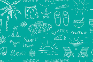 Seamless pattern of summer time theme elements.  Palm trees, shells, sun, beach bag, flip flops, sunglasses. Travel design. Adventure. Hand drawn vector illustration. Doodle style