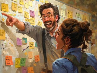 A man and a woman are pointing at a white board with a lot of notes on it. Scene is lighthearted and playful