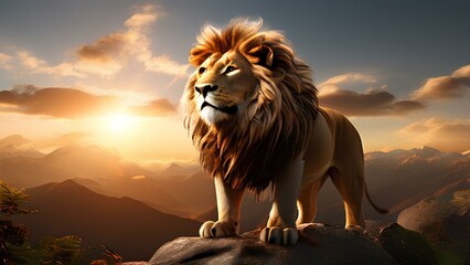 Regal Horizon: Lion's Sunset Vigil - obrazy, fototapety, plakaty