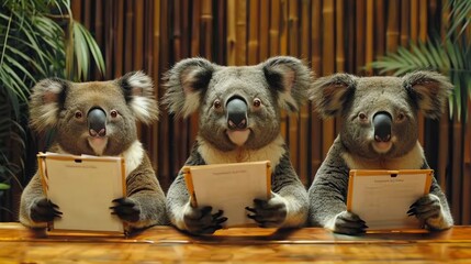 A trio of koalas in HR roles, discussing employment files at a bamboo table, serene office vibe - obrazy, fototapety, plakaty