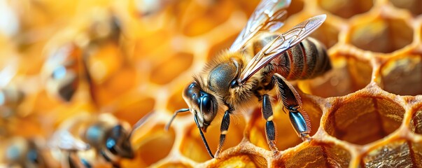 Bees as logistics managers, coordinating delivery schedules, buzzing around a honeycomb-shaped table - obrazy, fototapety, plakaty