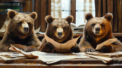 Bears as investment bankers, analyzing stock market trends, rustic wood table piled with financial papers