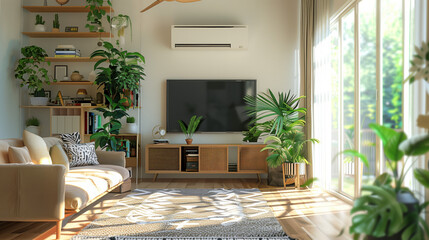 A cozy and stylish living room embraces biophilic design with natural light and indoor plants