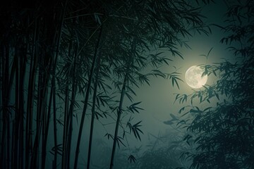 Majestic Bamboos moon light nature. Nature summer spring green forest. Generate Ai