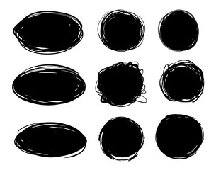 Set of circle grunge sketch. Hand drawn shapes doodles. Black vector brush scribble.