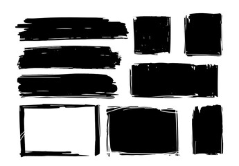 Rectangular grunge shapes drawn with a brush. Vector doodles, spots, brush stroke. Dry brush sketches.