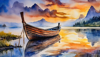 Watercolor illustration of beautiful landscape with boat on lake, mountains. Natural scenery. - obrazy, fototapety, plakaty