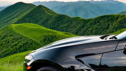 Beautiful View Generated with AI Showing a Sports car standing on the Peak of a Mountain facing towards the Green Mountains