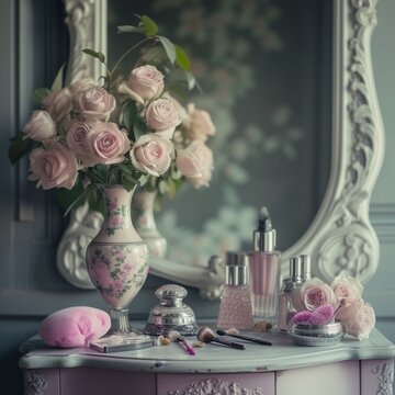 There is a vase of roses on the dressing table