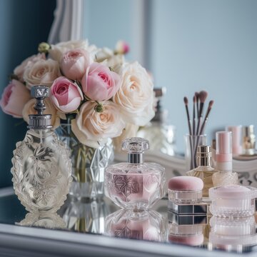 There is a vase of roses on the dressing table