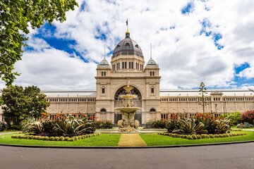 Royal Exhibition Building behind Carlton Gardens in Melbourne, Victoria, Australia.