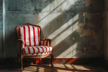 Vintage armchair with red and white wide stripes in a room with sunlight and shadows.