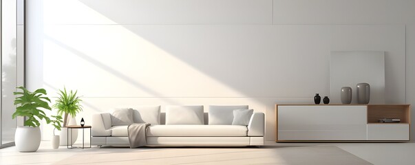 Bright modern living room with white walls, beige sofa, pouf, plant, and stylish coffee table with decoration