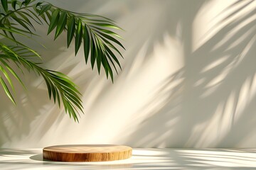 Wooden podium with leaf shadow, ideal for product presentation