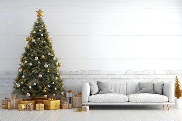 Christmas tree and sofa in white room with gold decorations festive home interior with gift boxes