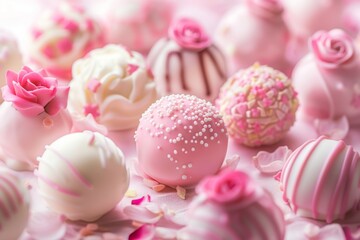 Obraz na płótnie Canvas Pink and white cake pops adorned with pink rose petals