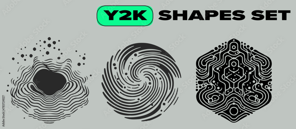 Poster Set of shapes with psychedelic trippy pattern resembling ink blots and stains. Y2K brutalist style.