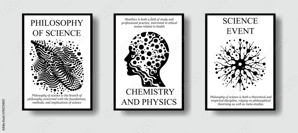 Poster Set of science-themed posters with abstract compositions of geometric figures and simple stylized illustrations of the human head and nerve cells.