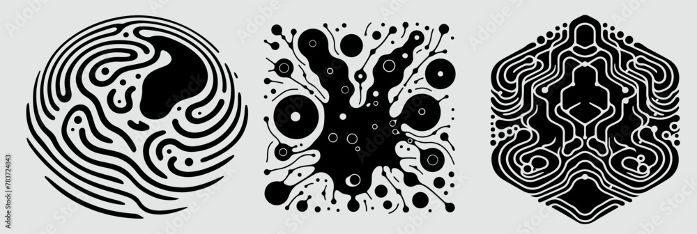 Aufkleber Set of different shapes with psychedelic trippy pattern resembling ink blots and stains. Perfect for science and technology subject illustrations.