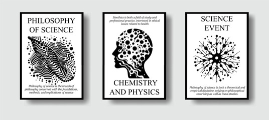 Set of science-themed posters with abstract compositions of geometric figures and simple stylized illustrations of the human head and nerve cells. - 783724835