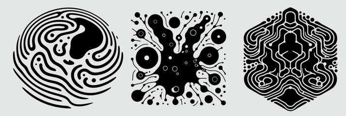Set of different shapes with psychedelic trippy pattern resembling ink blots and stains. Perfect for science and technology subject illustrations. - obrazy, fototapety, plakaty