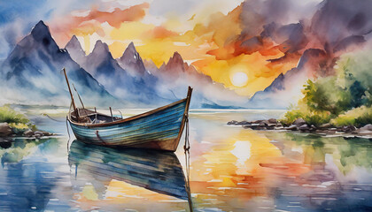 Watercolor illustration of beautiful landscape with boat on lake, mountains. Natural scenery.