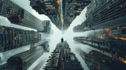 Foto op Plexiglas A lone man stands amidst towering skyscrapers shrouded in fog, depicting isolation in a futuristic city © Armin