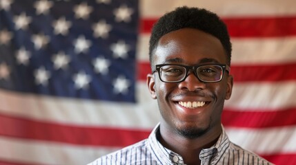 Smiling black man in front of an American flag