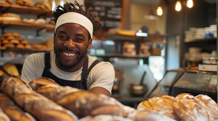 Black man working in a bakery, smiling baker