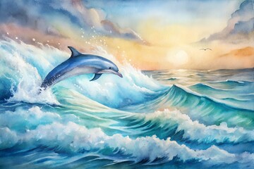 Watercolor illustration of a dolphin jumping over water