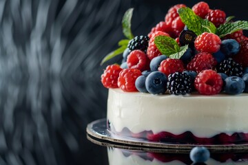 a cake with raspberries , blueberries , blackberries and mint leaves on top