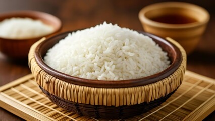 Fototapeta na wymiar A bowl of freshly steamed white rice ready to be served