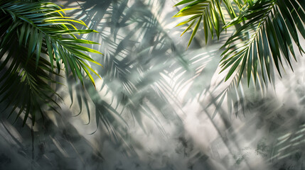 A serene close-up of green tropical palm leaves casting soft shadows on a textured wall, evoking a calm and tranquil atmosphere