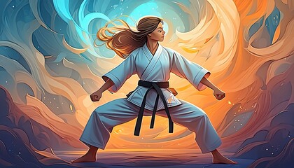 cartoon style young martial arts player strong girl in challenge pose for training and success at self defense sports like karate , kung fu and judo championships
