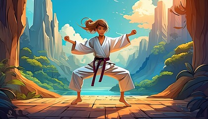 cartoon style young martial arts player strong girl in challenge pose for training and success at self defense sports like karate , kung fu and judo championships
