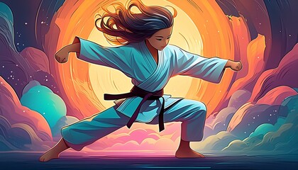 cartoon style young martial arts player strong girl in challenge pose for training and success at self defense sports like karate , kung fu and judo championships
