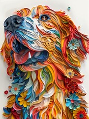 Playful Golden Retriever made from colorful 3D paper cuts, detailed design, vibrant  wallpaper