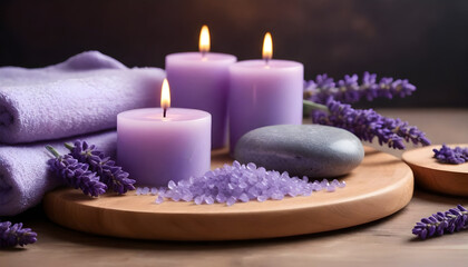 Fototapeta na wymiar Spa with lavender elements lavender flowers candles stones 1