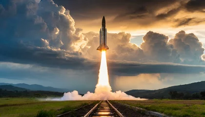 Tuinposter military missile attack launch breakthrough the clouds in the sky for space exploration astronomy or ballistic rockets and air defense systems concepts  © Micaela