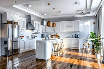 White cabinets and wooden floors in an elegant navy island kitchen with smart appliances and chic lighting