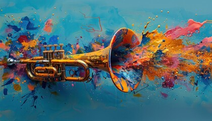 Aqua liquid paint splashes surround a trumpet on azure sky background - obrazy, fototapety, plakaty