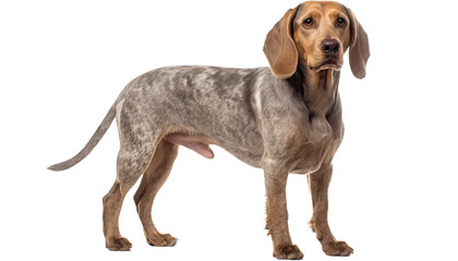 Dachshund puppy standing in front of a white backgroung