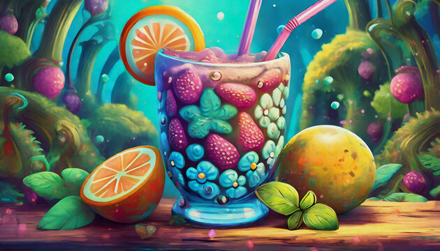 OIL PAINTING STYLE CARTOON ILLUSTRATION Refreshing drink concept,